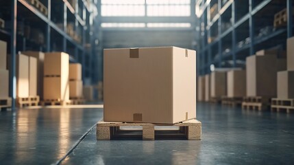 Brown cardboard box on pallet in warehouse with shelved boxes.