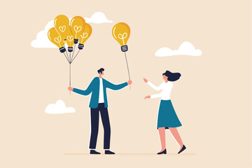 Business idea or solution offering, mentor give an advice, solution to solve business problem or help sharing creativity idea concept, smart businessman giving lightbulb idea to young employee.