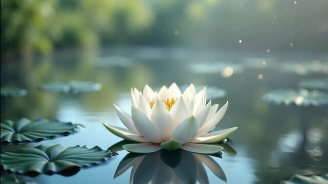 White lotus flower blooming on calm water surface  