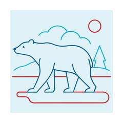 Line art illustration of a polar bear walking on ice in a minimalistic scene