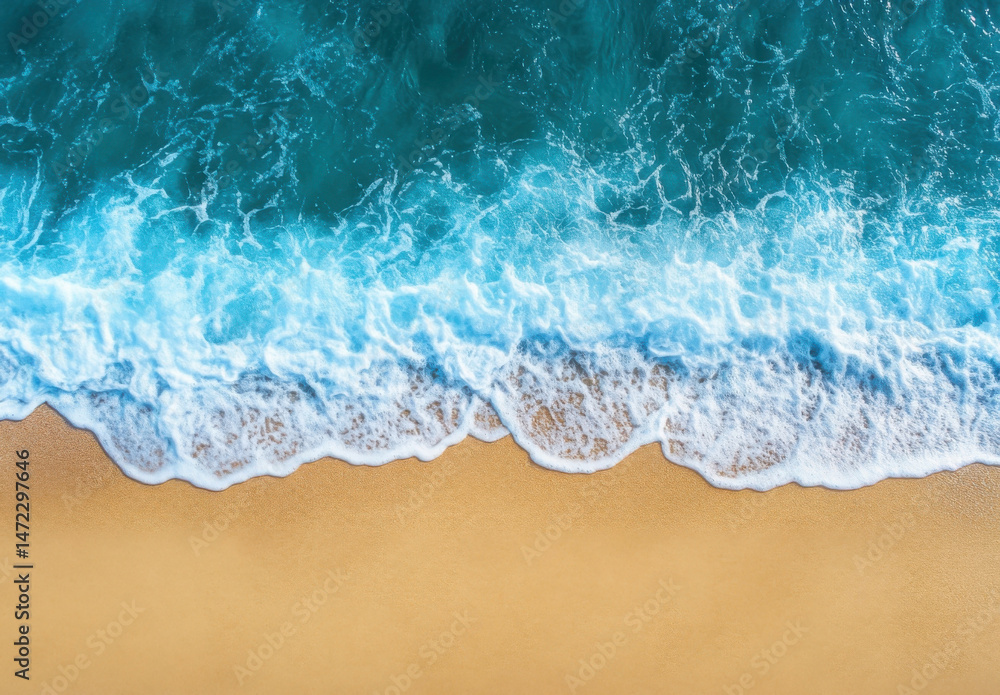 Aufkleber aerial view of turquoise ocean waves gently breaking on a sandy beach, creating a serene and tranqui