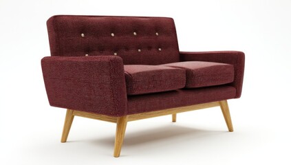 Mid-century modern two-seater sofa with burgundy textured fabric and light wood legs, isolated on white background. : Generative AI