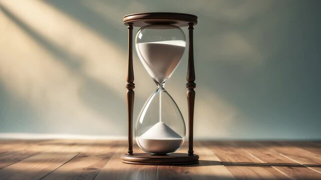 Sandglass, hourglass, or egg timer resting on a floor with a shadow signifying the last second or final minute.