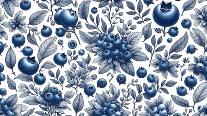 A bright and artistic blueberry pattern with detailed, hand-drawn blueberries and leaves.