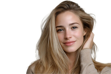 Naklejka premium Beautiful woman with long blonde hair smiling gently against a studio portrait of a young on transparent background face