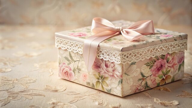 A delicately decorated gift box adorned with a pastel pink ribbon and lace trim sits on a floral patterned surface.