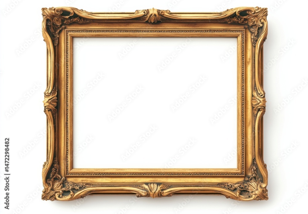 Poster elegant gold ornate picture frame isolated on white, perfect for showcasing artwork or photography. 