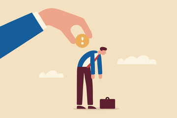 Exhausted employee recharged, power up or wind up to stimulate or motivate fatigue person concept, manager big hand turn wind up key or winder clockwork to motivate businessman office worker.