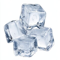 Obraz premium Four translucent ice cubes, glistening with frozen water, are piled together against a bright white background, showcasing their crystalline structure and icy texture. : Generative AI