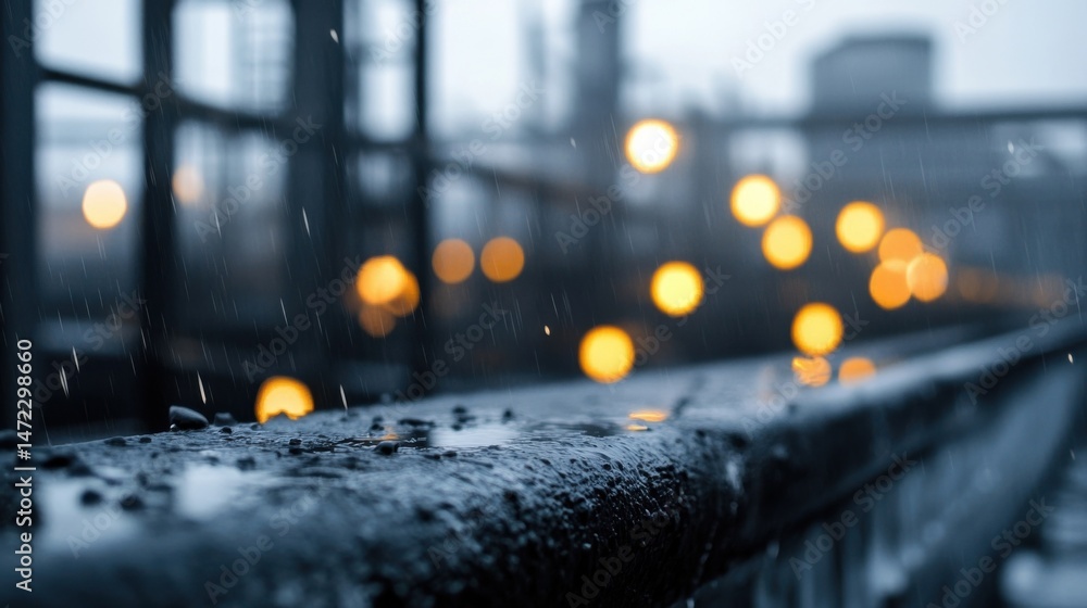 Aufkleber rain falling on a wet, dark metal railing with blurred city lights in the background, creating a moo