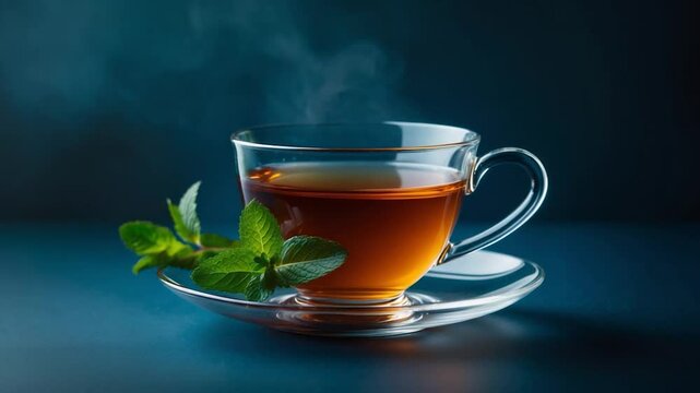 Tea cup with mint leaves on a dark backdrop.