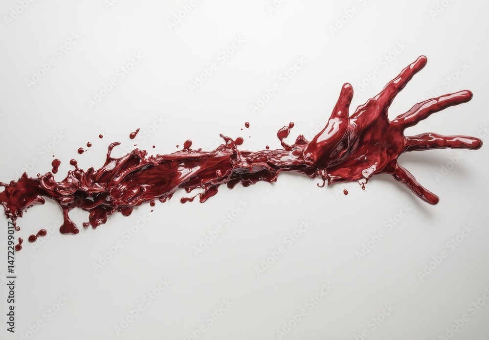 Poster a crimson liquid hand reaches out, its form dissolving into a dynamic splash across a white backdrop