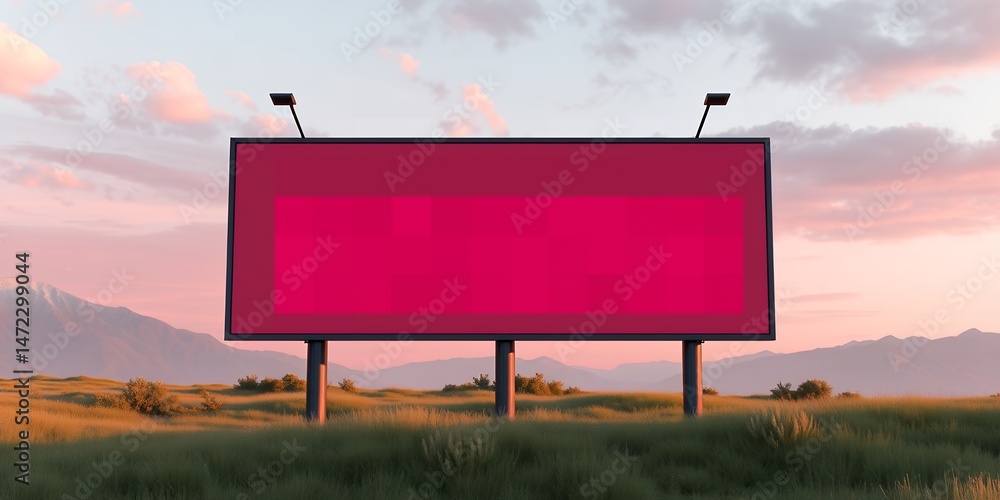 Poster a large blank red billboard stands in a field at sunset with mountains in the background