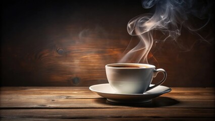 Obraz premium Aromatic Steam Rising from a Warm Cup of Coffee on Rustic Wood