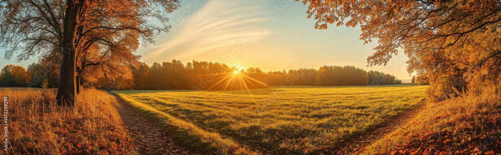 Poster golden autumn sunrise over a tranquil field, framed by vibrant trees with paths diverging, creating 