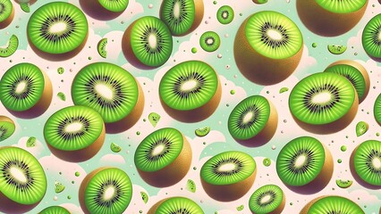 A seamless kiwi pattern background with juicy green kiwi slices.