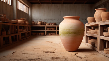 Ancient pottery workshop displays handcrafted earthenware vessels of various sizes, showcasing the traditional artistry in a rustic and historical setting of pottery creation.