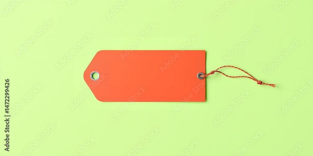 Poster a close up shot of a blank orange tag with a string on a light green colored background