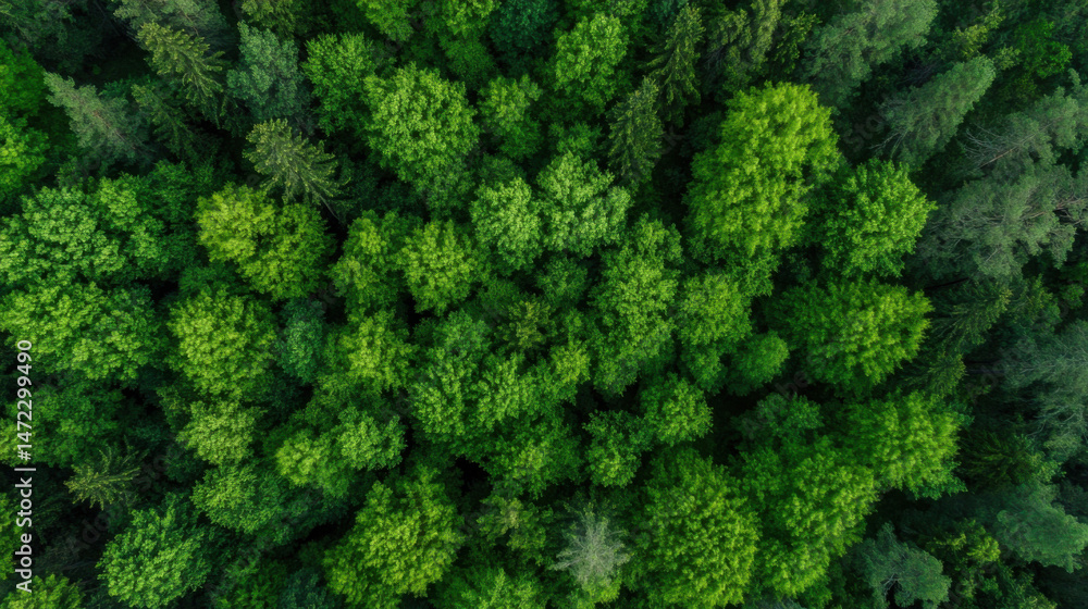Poster aerial view of a lush, green forest canopy, showcasing a dense collection of deciduous and coniferou