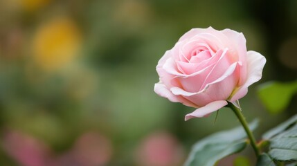 A single, delicate pink rose blooms gracefully, its petals softly unfurling against a blurred background of green and yellow hues. : Generative AI