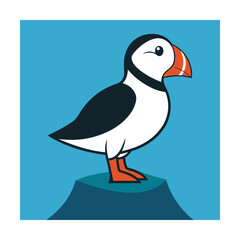 Cartoon illustration of an adorable atlantic puffin bird perched on a small blue rock
