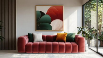 Modern living room, stylish red curved sofa with colorful cushions, abstract wall art, large windows for natural light, inviting atmosphere.