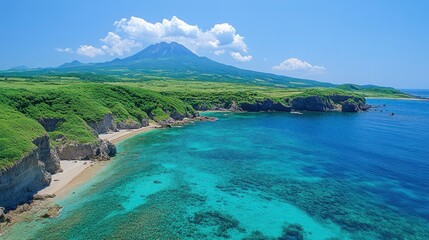 Coastal beauty clear waters meet lush greenery under bright skies, distant mountains