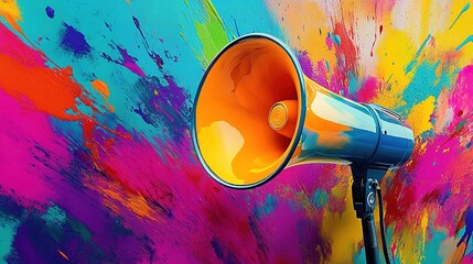 Orange megaphone against a colorful splattered-paint background.