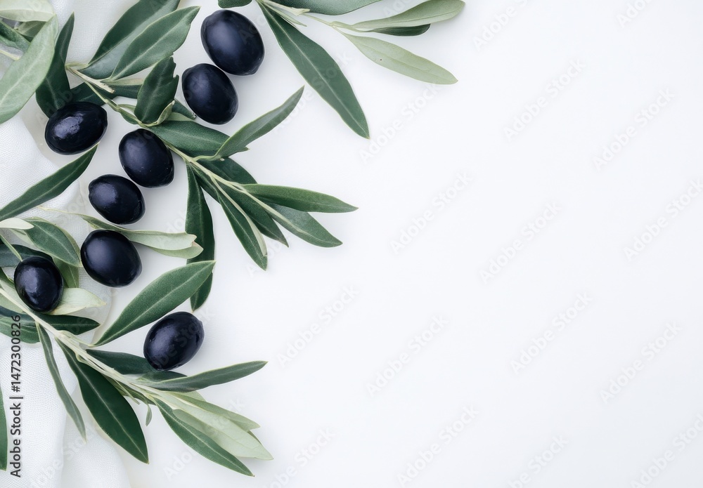 Aufkleber Black olives and olive branches arranged on a white fabric, creating a minimalist and elegant composition with copy space. : Generative AI