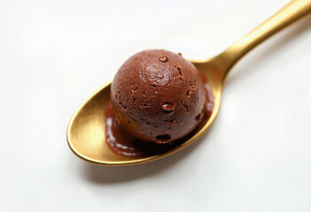 Fototapeta premium Golden Spoon & Melting Chocolate Delight: A Mouthwatering Top View of a Single Scoop on White, Showcasing Irresistible Texture and Tempting Sweetness. 