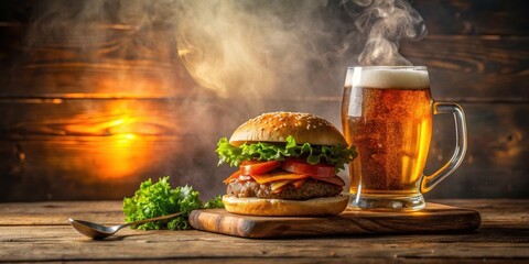 A savory hamburger with melted cheese and fresh vegetables served alongside a frosty glass of beer on a rustic wooden table