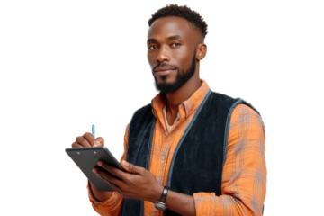 [Transparent Background PNG]African Man Taking Notes with Digital Tablet