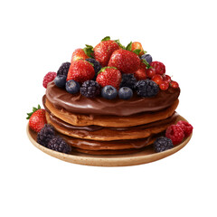 Delicious chocolate pancakes with berries kitchen food photography bright transparent background
