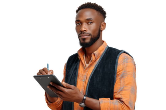 [Transparent Background PNG]African Man Taking Notes with Digital Tablet - Powered by Adobe
