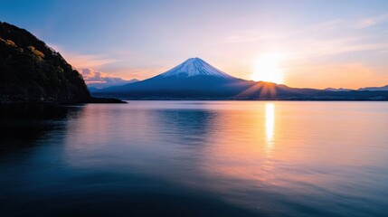 Serene sunrise over Mount Fuji, its snow-capped peak reflecting in the calm lake waters, a picturesque Japanese landscape bathed in golden light. : Generative AI
