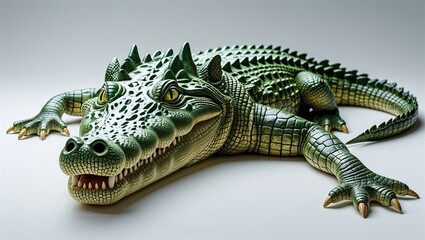 Fototapeta premium Photorealistic Nile crocodile resting with jaws closed and tail wrapped, on white