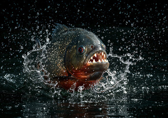 RedBellied Piranha Attack Splash Dangerous fish jumps from water.