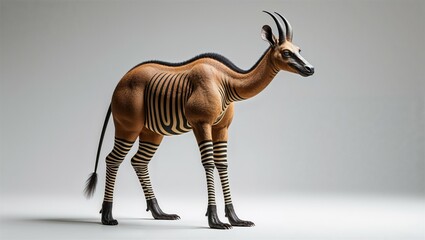 Photorealistic okapi in standing pose with striped legs and head slightly turned, on white