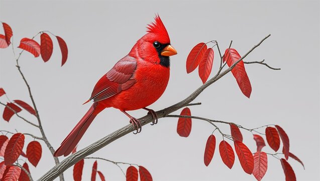 Photorealistic northern cardinal perched with crest raised and red plumage, isolated white - Powered by Adobe