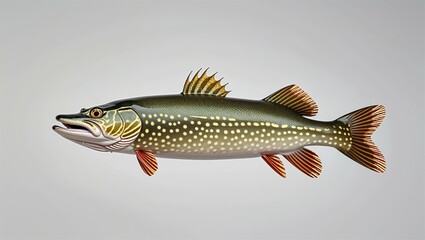 Photorealistic pike fish swimming horizontally with dorsal fin raised, isolated on white