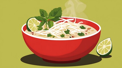 Steaming Pho Noodle Soup Bowl.