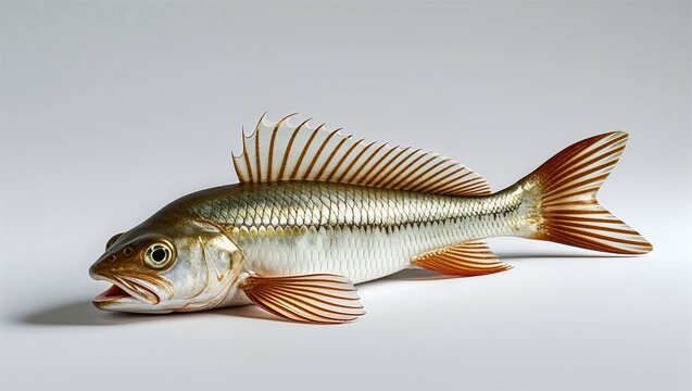 Photorealistic sculpin fish resting flat with head raised and fins down, on white background