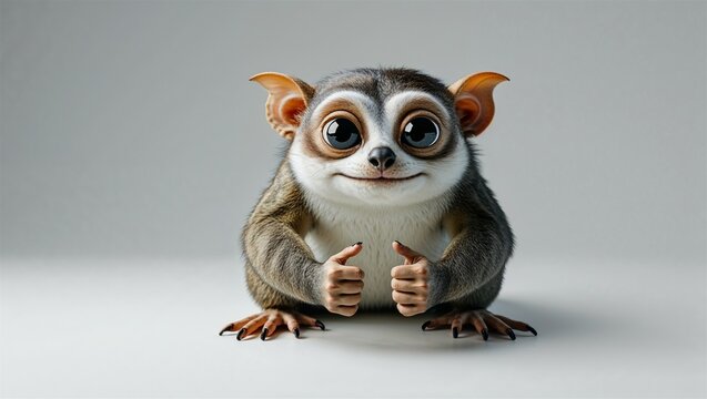 Photorealistic slow loris in perched pose with big eyes and gripping hands, isolated on white