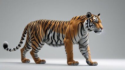 Obraz premium Photorealistic tiger in calm walking stance with striped coat and tail extended, on white