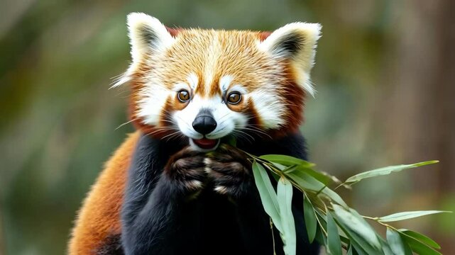 Close-up of a cute red panda eating bamboo.