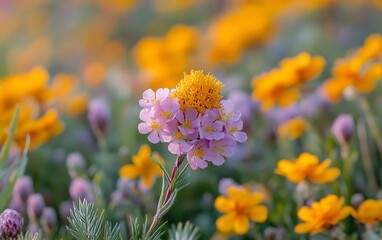 Obraz premium Close-up of vibrant pink and yellow wildflowers in a meadow.