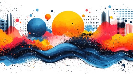Abstract waves, planets, splashes on white background, digital art banner