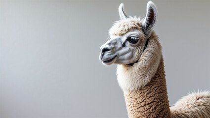 Obraz premium Side profile of adult llama with fluffy coat, standing on clean white background