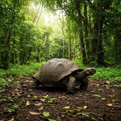 Fototapeta premium Giant Tortoise Walking in Lush Green Rainforest with Sunlight Rays – World Turtle Day | World Sea Turtle Day | Sea Turtle | Save Turtle | 4K HD High Quality Turtle Laptop Desktop Wallpaper Background