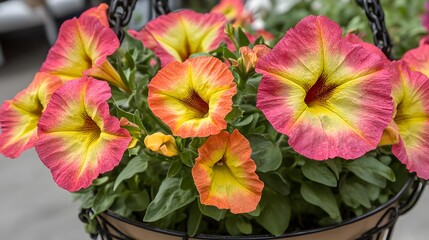 Vibrant Pink Yellow Petunia Flowers Hanging Basket Bloom
